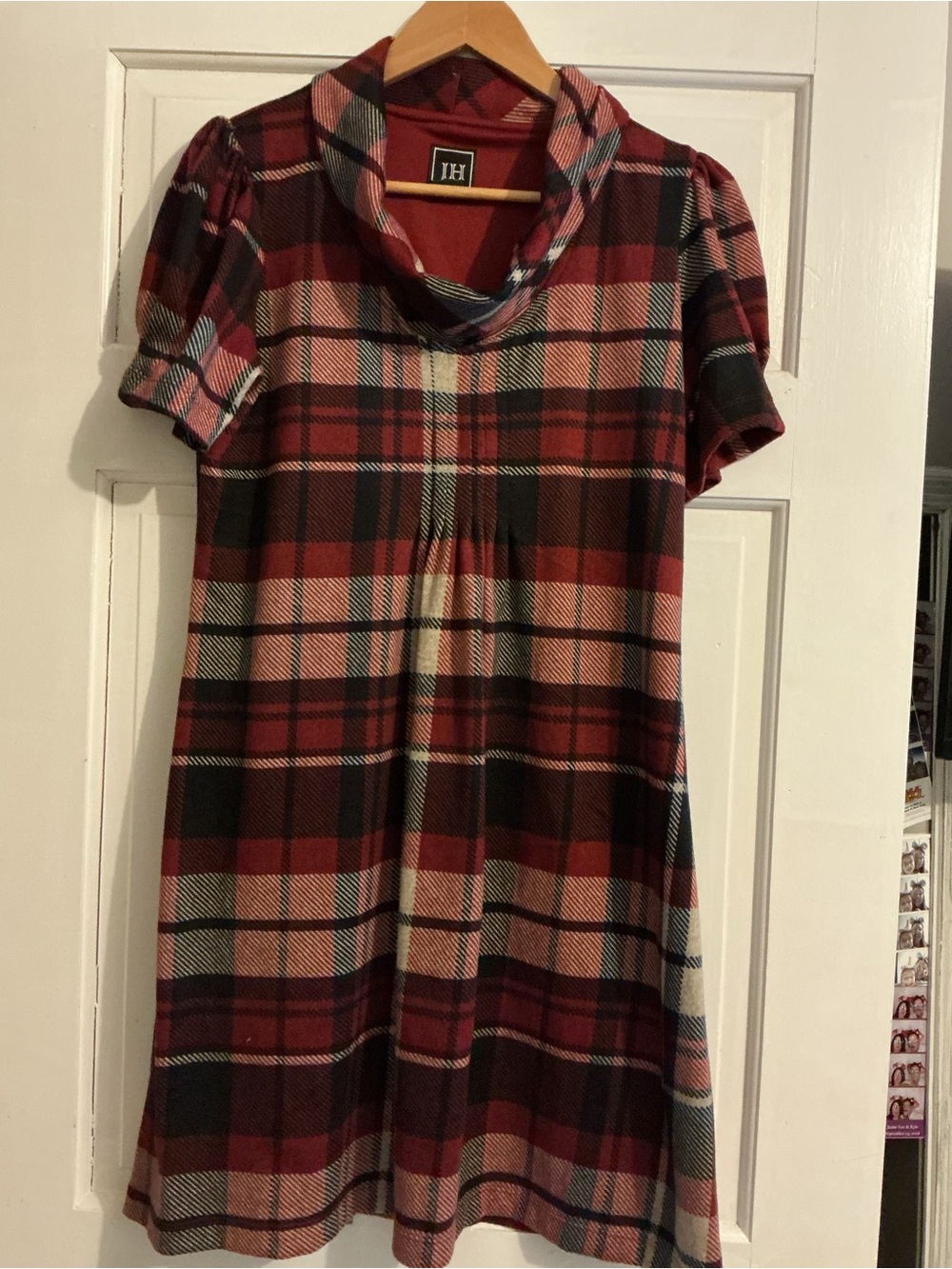 Jessica Howard Red and Pink Plaid Cowl Neck Mini Dress